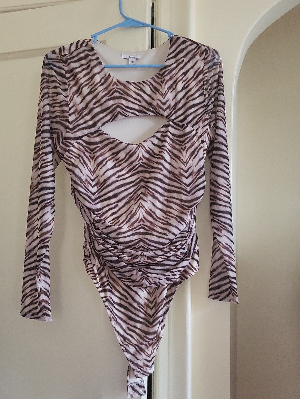 Bar III MESH Brown & White Zebra-Print Long Sleeve Cutout Bodysuit
